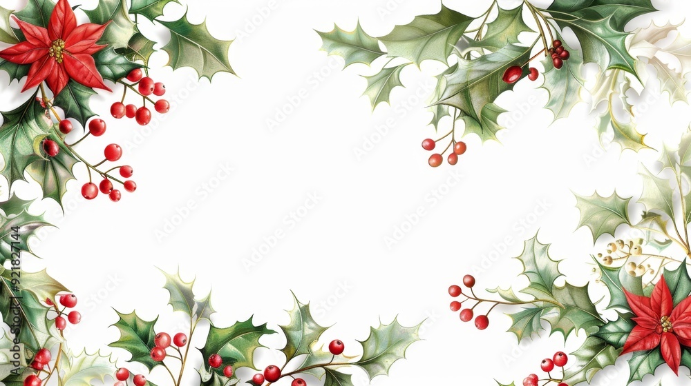 Festive invitation card with glossy holly on white background Festive invitation card with glossy holly on white background