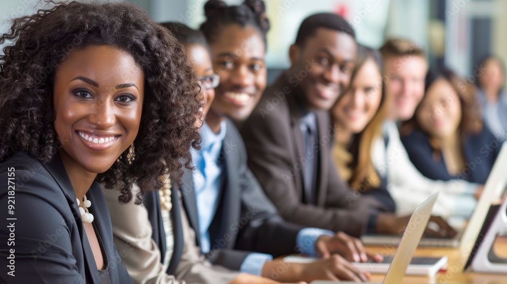 Diverse Group Of Entrepreneurs Smiling Cheerfully And Using Laptop In Boardroom, Collaborative And Innovative Diverse Group Of Entrepreneurs Smiling Cheerfully And Using Laptop In Boardroom, Collaborative And Innovative