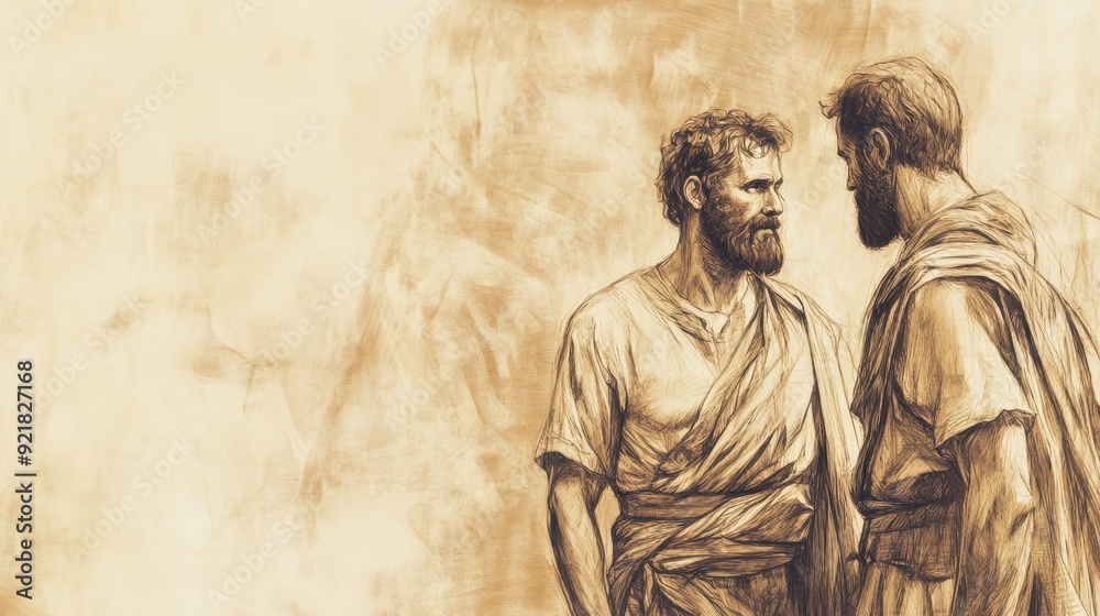 Fototapeta premium Biblical Illustration of Achish Trusting David, Believing He Has Made Himself an Enemy of Israel Permanently, Bible Wall Art with Beige Background