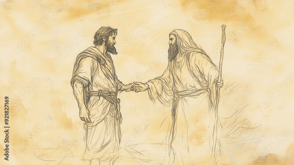 Obraz premium Biblical Illustration of Jonathan Secretly Meeting David in the Wilderness, Strengthening His Faith in God, Bible Wall Art with Beige Background