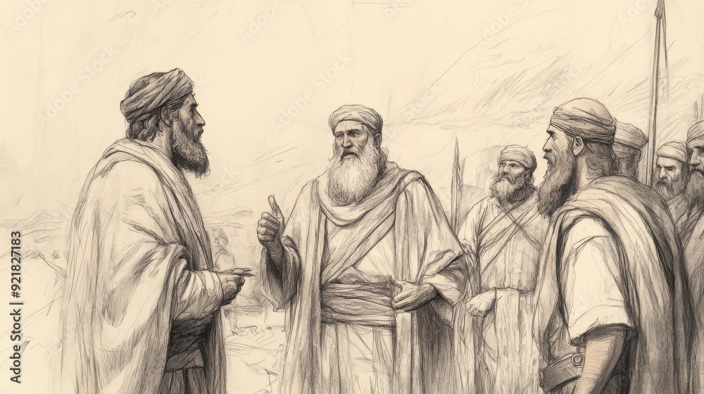 Fototapeta premium Biblical Illustration of David Asking King Achish for a Place to Settle, Receiving the Town of Ziklag, Bible Wall Art with Beige Background