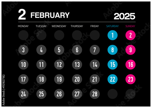 2025年の2月のカレンダー月曜始まりで日本の祝日表記無し