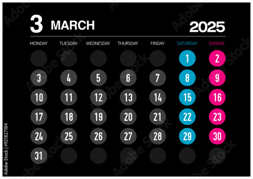 2025年の3月のカレンダー月曜始まりで日本の祝日表記無し