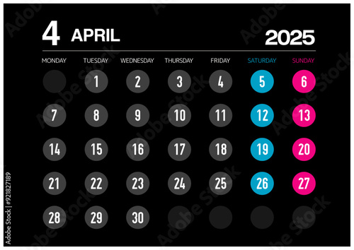 2025年の4月のカレンダー月曜始まりで日本の祝日表記無し