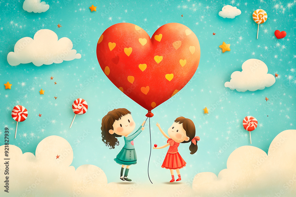 A fun and playful card with cartoon characters sharing a giant heart-shaped balloon, surrounded by whimsical elements like stars, clouds, and candy A fun and playful card with cartoon characters sharing a giant heart-shaped balloon, surrounded by whimsical elements like stars, clouds, and candy