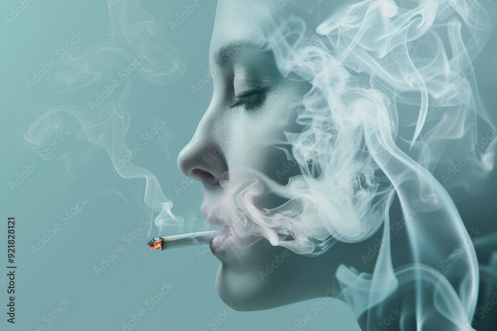 Obraz premium Woman exhales smoke in a serene yet haunting portrayal of addictions quiet hold on individuals