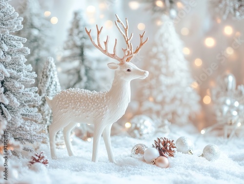 Festive reindeer christmas decorations on snowy winter background for holiday season