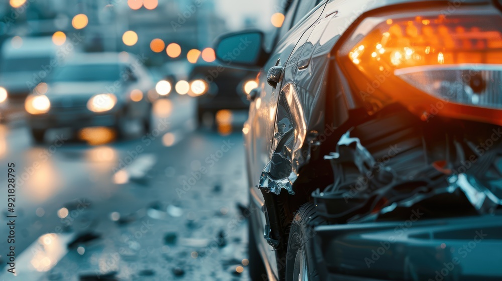A close-up of a damaged car after an accident, surrounded by traffic, highlighting the chaos of the scene and emergency response. A close-up of a damaged car after an accident, surrounded by traffic, highlighting the chaos of the scene and emergency response.