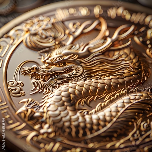 Exquisite Golden Coin with Majestic Mythical Beast Design Captivating and Vibrant Artwork