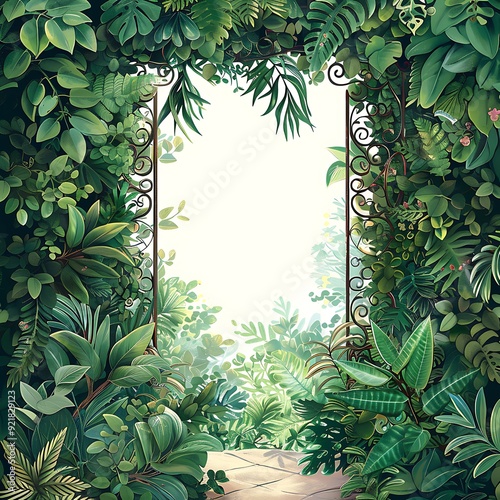 Tropical island with tree. A frame made of leaves and plants, a white screen in the center surrounded by greenery, photo