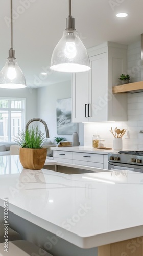 Clean white kitchen countertop in modern kitchen