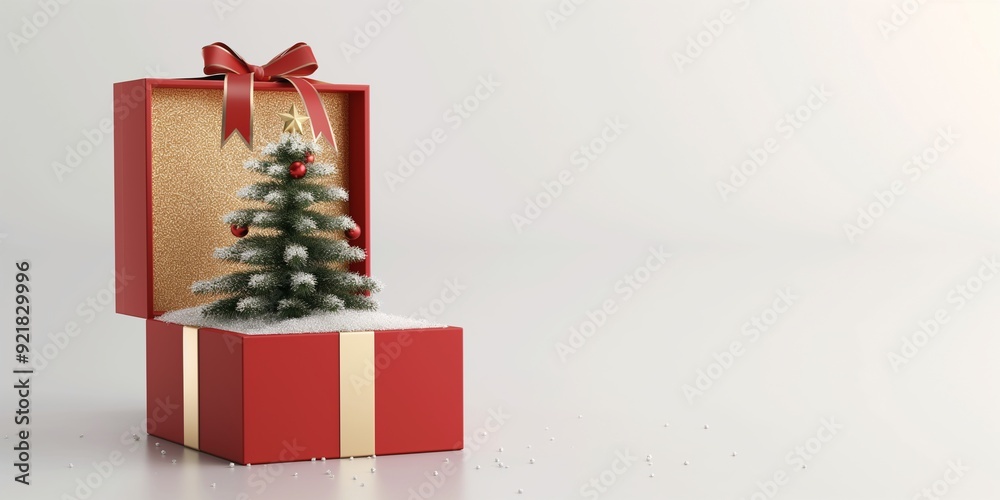 © srenhouse - Opened christmas gift box , golden ribbon , christmas tree © srenhouse - Opened christmas gift box , golden ribbon , christmas tree