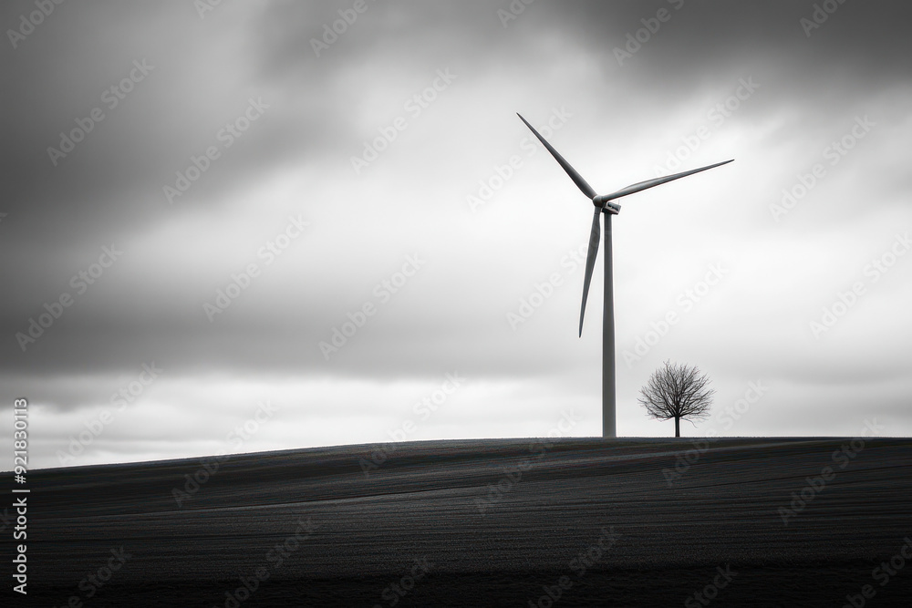 Obraz premium Solitary Wind Turbine in Monochrome, sustainable energy solutions, green technology, environmental harmony, renewable resources, ecological balance, climate action, nature and innovation, clean energy