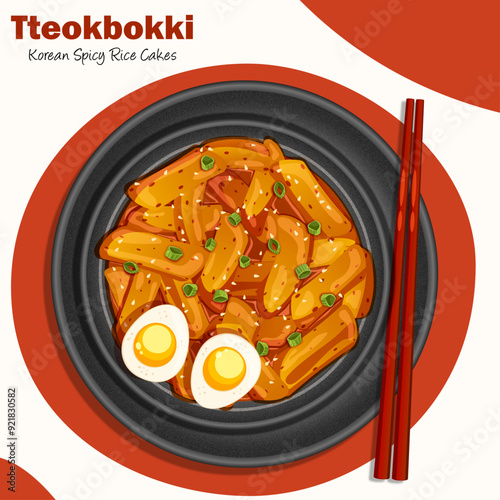 Tteokbokki Korean Spicy Rice Cakes with Boiled Eggs - Top View Vector Illustration 