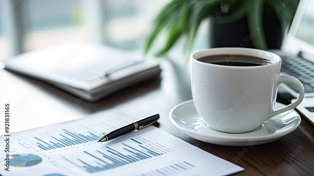 Executive desk setup with a desktop computer, financial charts, pen, and coffee cup, neat and professional Executive desk setup with a desktop computer, financial charts, pen, and coffee cup, neat and professional