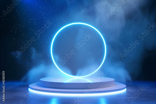 Empty space podium for product placement in dark neon style, neural network ,an image for a dynamic, minimalist promotional banner, featuring a podium display pedestal on a vibrant, solid 