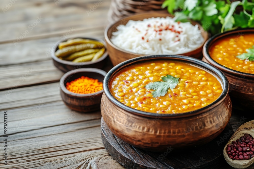 dal lentil curry with a side of rice and pickles dal lentil curry with a side of rice and pickles