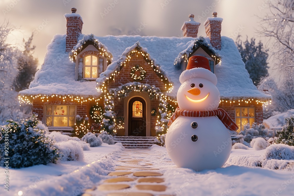 Obraz premium A charming, snow-covered cottage adorned with festive Christmas lights, creating a warm and inviting atmosphere. 