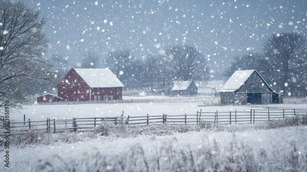 Fototapeta premium Snow falling on a quiet farm with snow-covered barns and fields