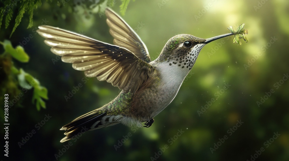 Fototapeta premium A Hummingbird in Flight with a Flower in its Beak