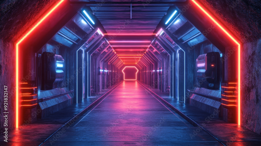 Cyber neon lights in orange, red, and blue glowing through a cement concrete hallway tunnel. Featuring triangular metal structures and doors in a vibrant sci-fi futuristic underground warehouse or han Cyber neon lights in orange, red, and blue glowing through a cement concrete hallway tunnel. Featuring triangular metal structures and doors in a vibrant sci-fi futuristic underground warehouse or han