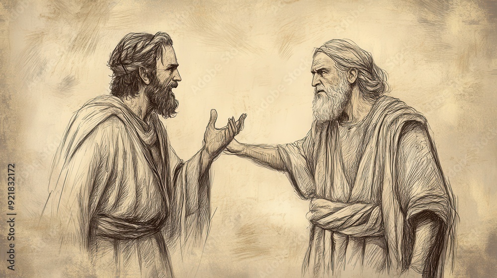 Fototapeta premium Biblical Illustration of David Learning of Saul’s Plan and Inquiring of the Lord if the People of Keilah Will Betray Him, Bible Wall Art with Beige Background