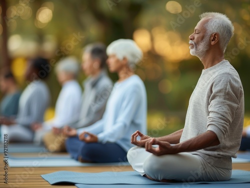 A serene yoga class in nature, showcasing diverse individuals practicing meditation and mindfulness for inner peace.