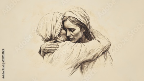 Biblical Illustration: Ruth clinging to Naomi, declaring her loyalty and determination to stay with her, illustrated on a beige background