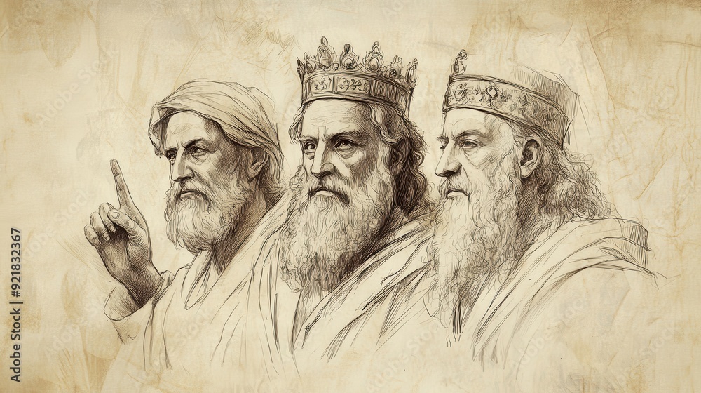 Fototapeta premium Biblical Illustration of Israel Demands a King: Elders Express Desire for King Like Other Nations, Reject Samuel’s Leadership, Beige Background, Faith, Leadership, Old Testament