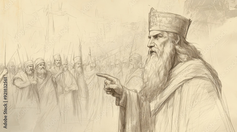 Fototapeta premium Biblical Illustration of Israel Demands a King: People Insist on Having King Despite Samuel's Warnings, Demand to Be Like Other Nations, Beige Background, Faith, Rebellion, Old Testament