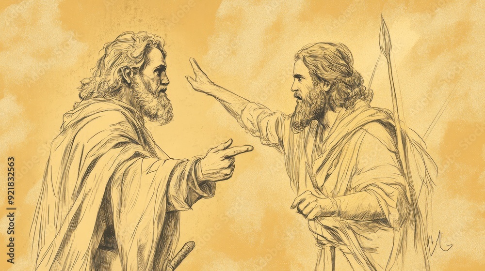 Fototapeta premium Biblical Illustration of the Lord Revealing to David That the People of Keilah Would Surrender Him to Saul, Bible Wall Art with Beige Background