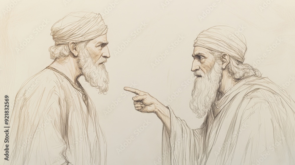 Fototapeta premium Biblical Illustration of Israel Demands a King: Lord Instructs Samuel to Appoint King for Israel, Acknowledging Request, Beige Background, Faith, Appointment, Old Testament