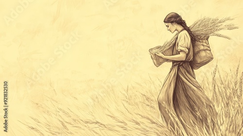 Biblical Illustration of Ruth and Boaz at the Threshing Floor: Ruth Leaving Early Morning with Barley Given by Boaz, Beige Background, Faith, Journey, Old Testament
