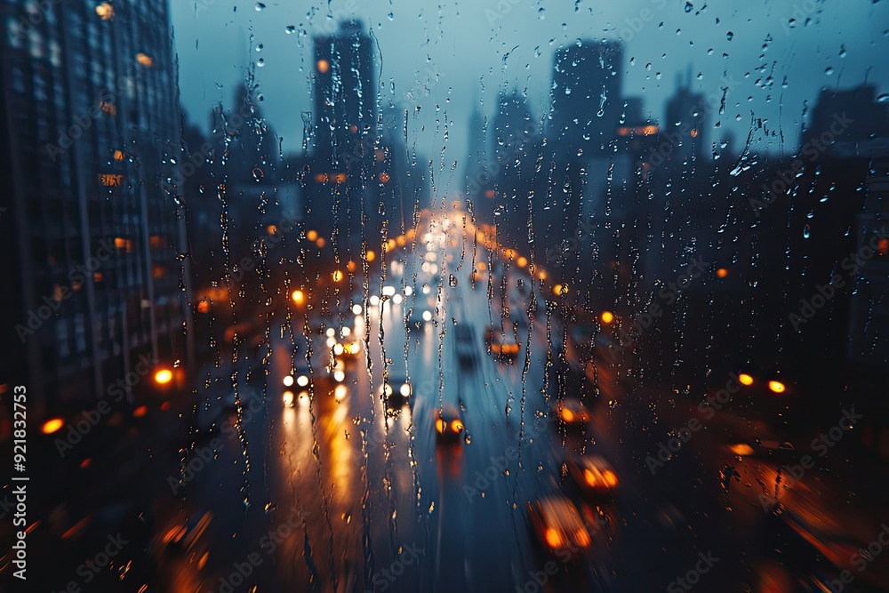 Fototapeta premium Cityscape view through rainy window. This photo shows a city with blurry lights through the raindrops, making it perfect for a blog, website, or social media post about the rainy season.