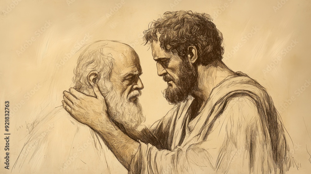 Fototapeta premium Biblical Illustration of Saul Weeping, Moved by David’s Words and Recognizing His Own Wrongdoing, Bible Wall Art with Beige Background