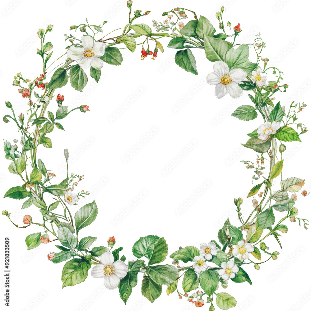 Fototapeta premium PNG White floral wreath with greenery