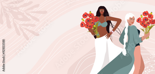 Copy space background with multiracial couple girls for beauty spa, women health and beauty, menstruation and self love banner. Vector banner flat design, hand drawn.