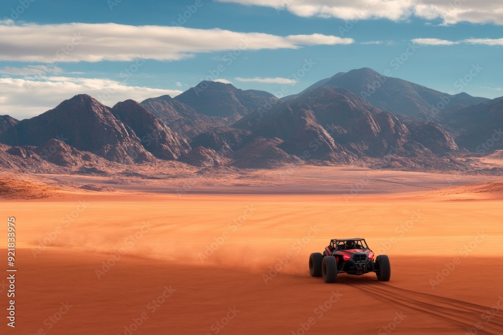 An exhilarating image of an off-road vehicle speeding across an expansive desert plain, with majestic mountains visible in the distance under a partly cloudy sky. An exhilarating image of an off-road vehicle speeding across an expansive desert plain, with majestic mountains visible in the distance under a partly cloudy sky.