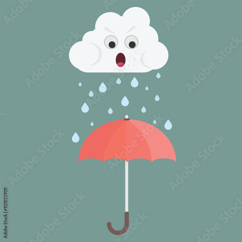 Angry cloud with face raining on red umbrella. Emotional storms concept. Protection and preparedness during rainy weather. Vector illustration in flat style