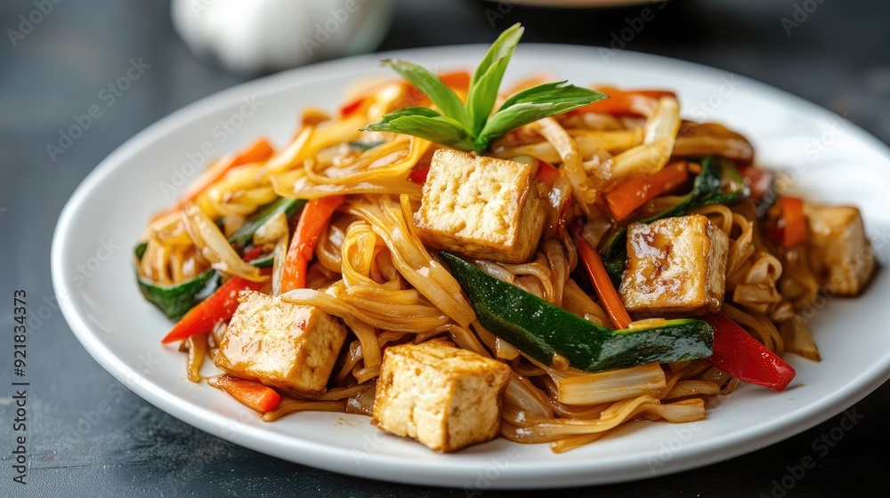 Stir-fried Thai noodles with vegetables and tofu, neatly arranged on a white plate Stir-fried Thai noodles with vegetables and tofu, neatly arranged on a white plate