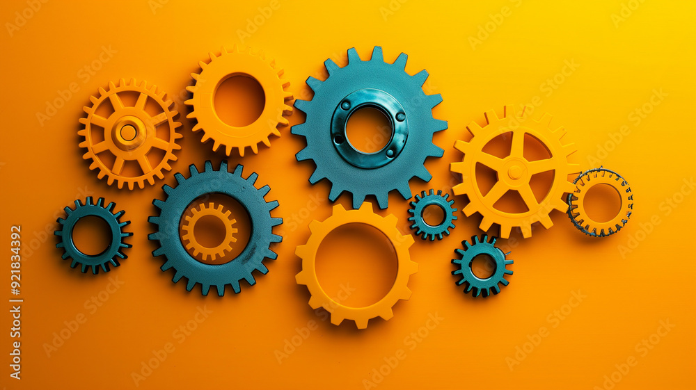 Various vibrant mechanical gears aligned on a flat yellow surface, symbolizing business agility and modern management practices Various vibrant mechanical gears aligned on a flat yellow surface, symbolizing business agility and modern management practices