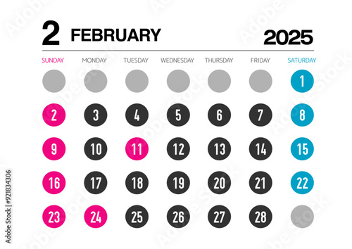 2025年の2月のカレンダー日曜始まり