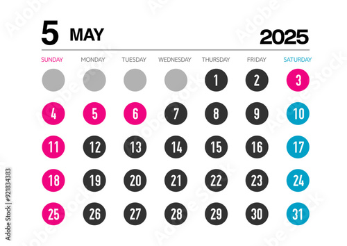 2025年の5月のカレンダー日曜始まり
