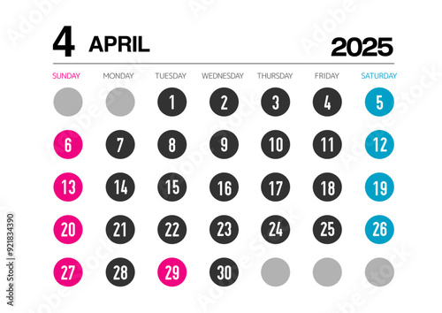 2025年の4月のカレンダー日曜始まり