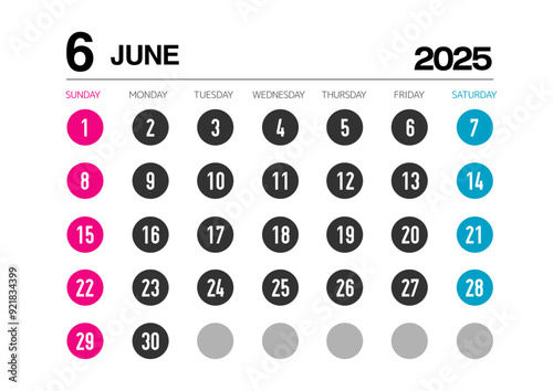 2025年の6月のカレンダー日曜始まり