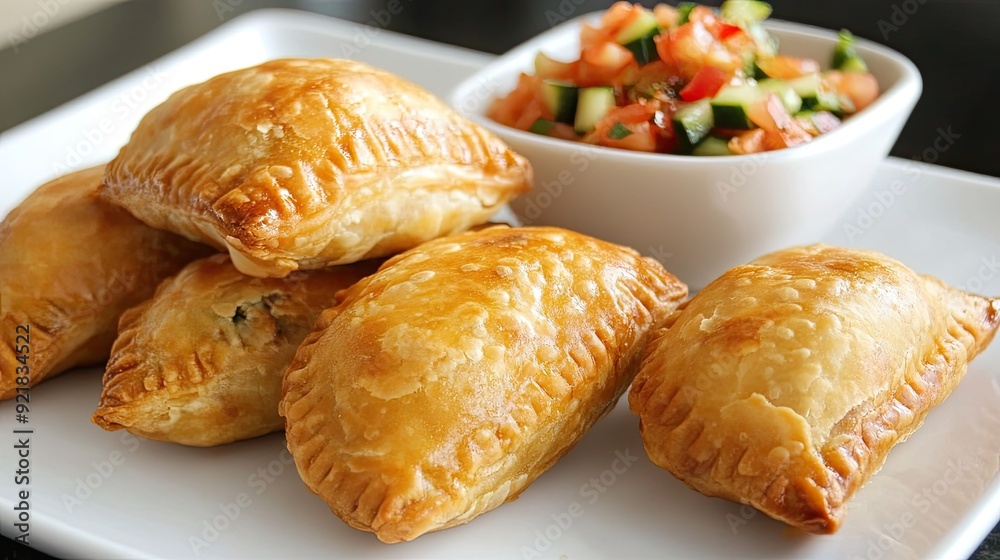 Thai curry puffs with a side of sweet cucumber relish on a white plate Thai curry puffs with a side of sweet cucumber relish on a white plate
