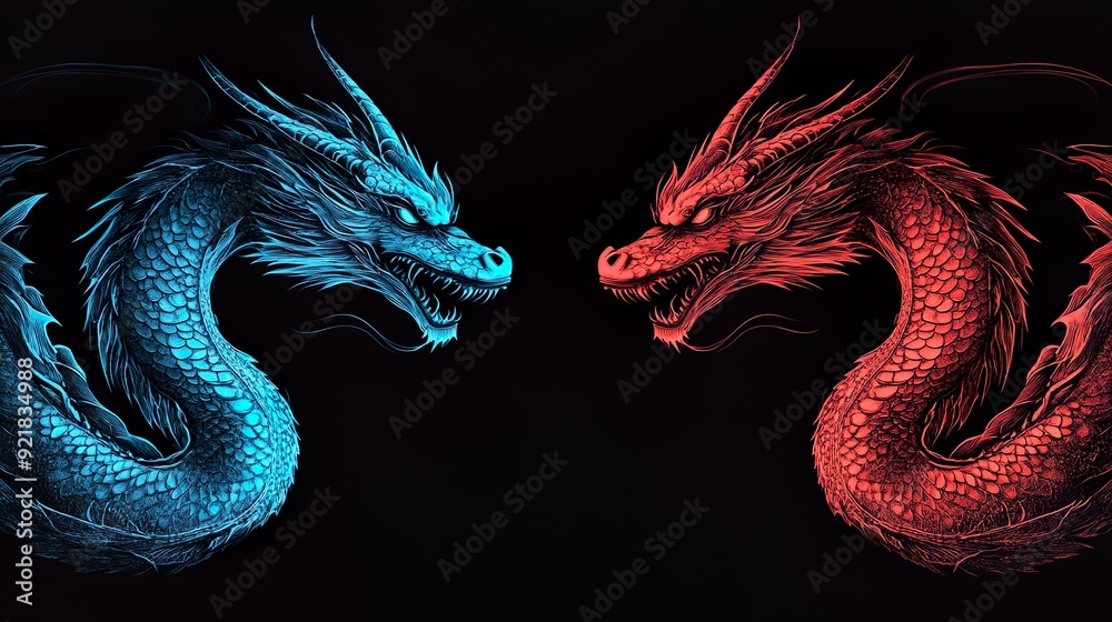 Fototapeta premium 青龍と赤龍の対決イラスト06