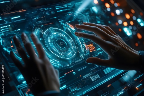 Futuristic Interface: Hands Interacting with Advanced Technology Touchscreen