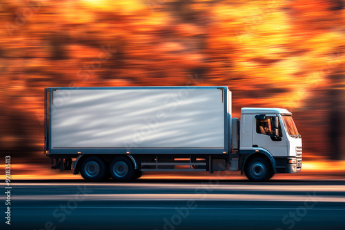 Refrigerated truck driving on high speed during autumn season.