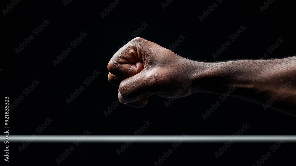 A powerful fist ready for action, symbolizing strength and determination against a dark backdrop. A powerful fist ready for action, symbolizing strength and determination against a dark backdrop.